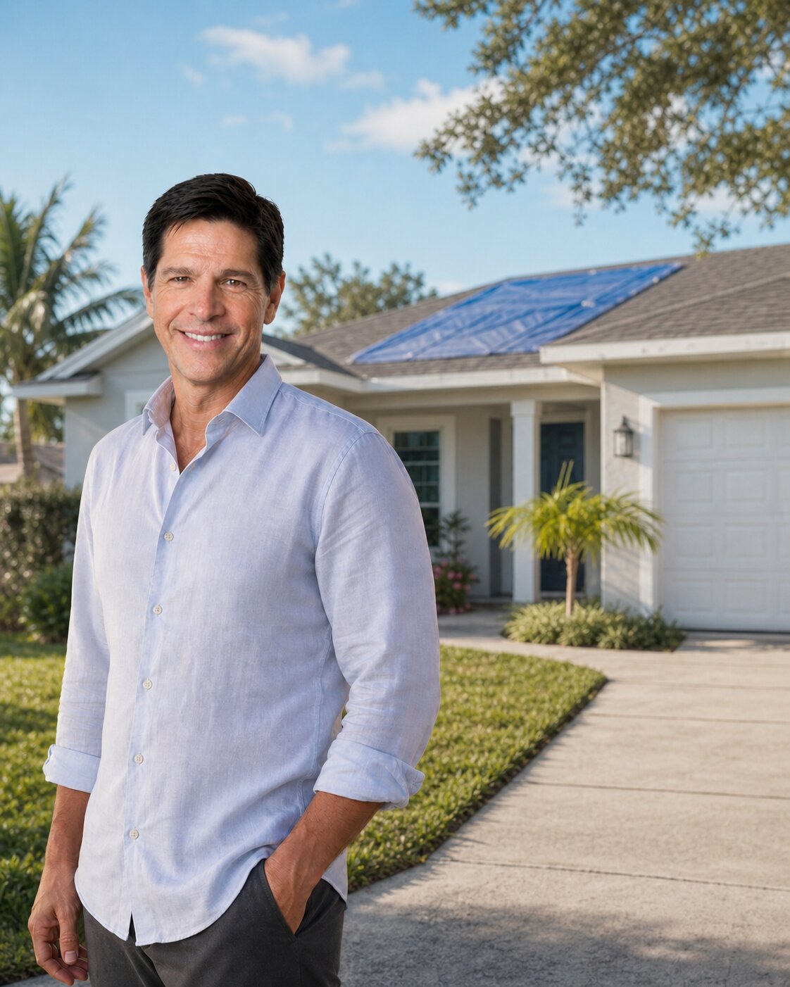 Stuart Nixdorff, fundador de ClaimRestored, frente a una casa de Florida con daños por tormenta